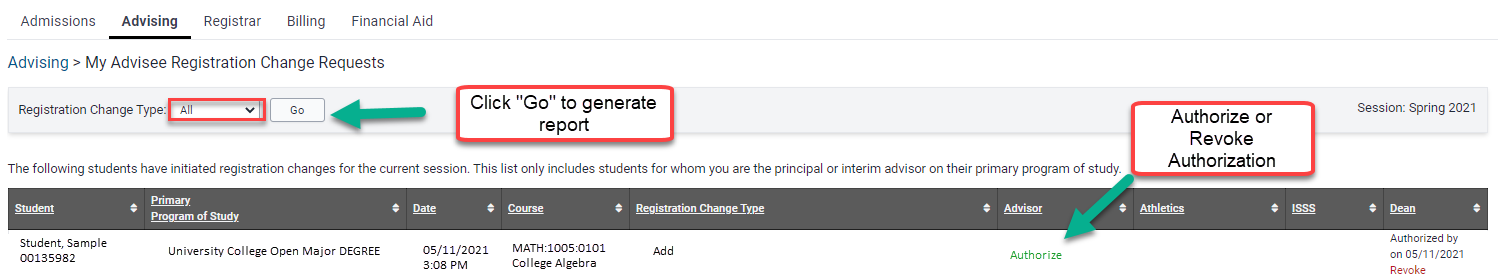 Advisee change report