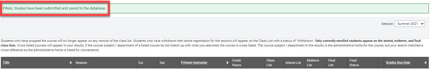 Final grades submitted and saved message