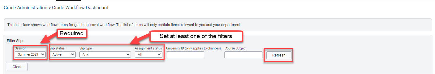 Grades workflow filters