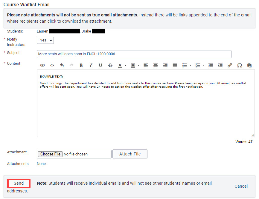 Panel where email is composed to send to selected waitlist members, as well as the Send button