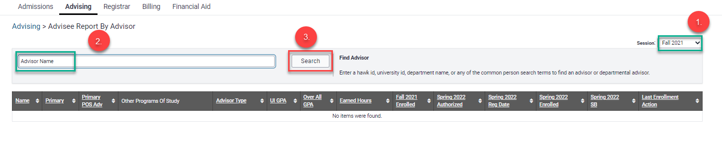 Advisee report by advisor search