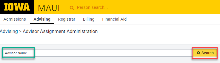 Advisor Assignment page search field location