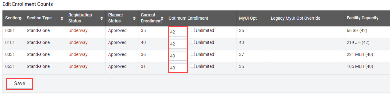 Panel to adjust optimum enrollment count for all sections of a course, includes maximum seating for assigned classrooms