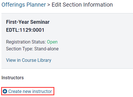"Create new instructor" link on the instructor assignment panel