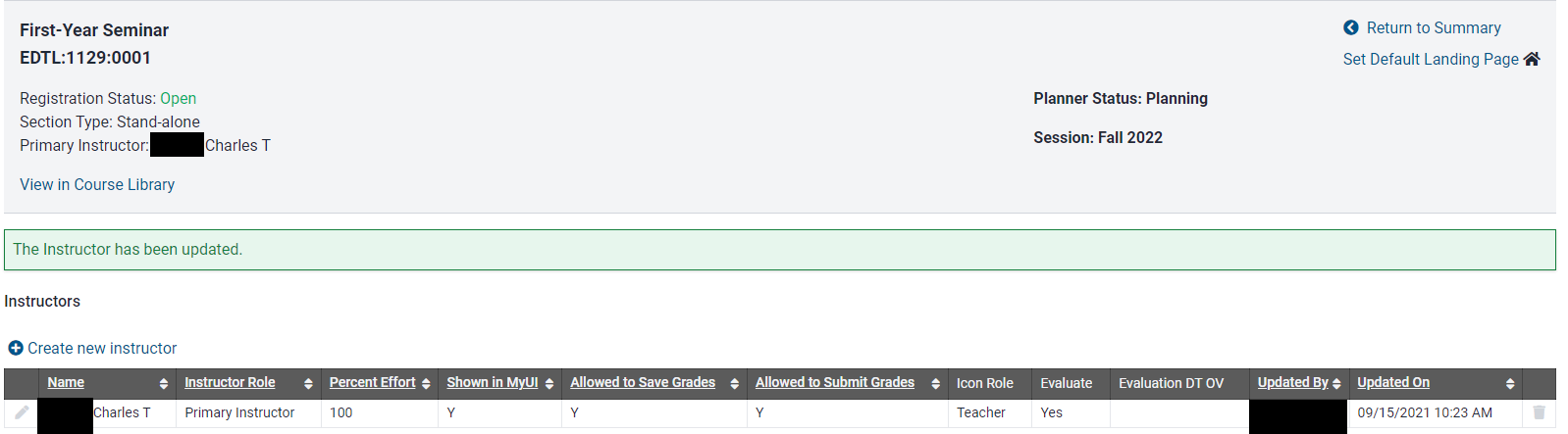 Green bar with message that instructor was assigned and shows instructor assignment