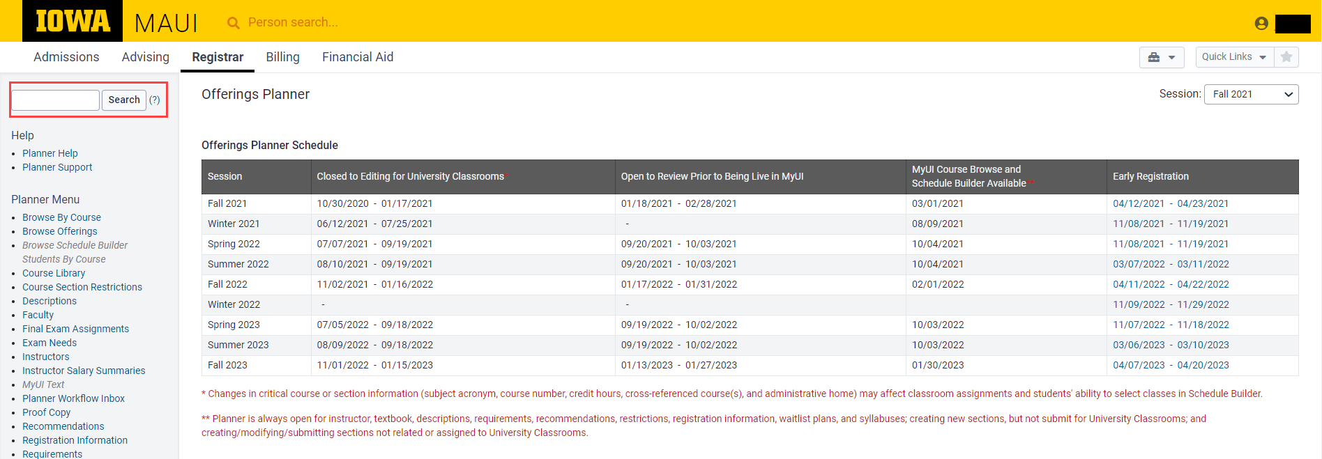 Course search field located at the top left of the offerings planner dashboard