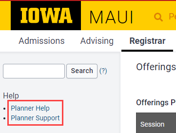Planner help links on sidebar in offerings planner
