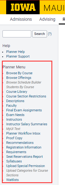 Links to course components in the Planner Menu