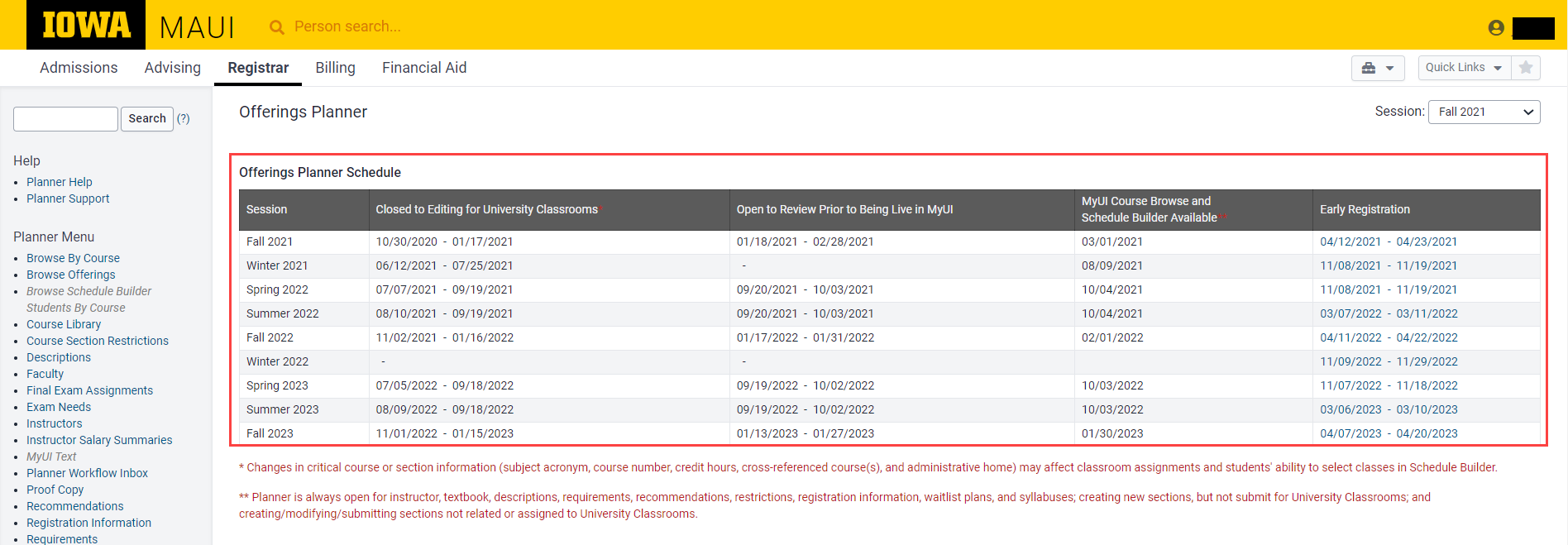 Planner schedule located on the offerings planner dashboard