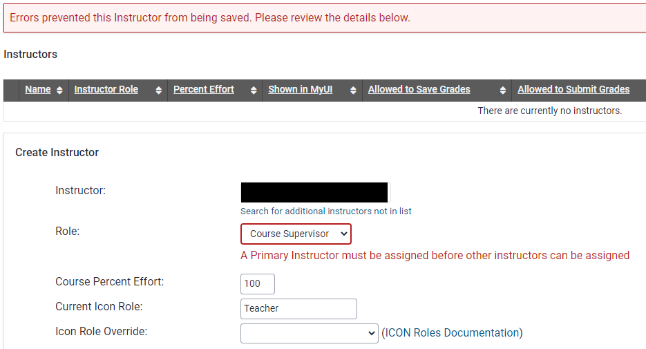 Error message when attempting to assign a course supervisor before a primary instructor