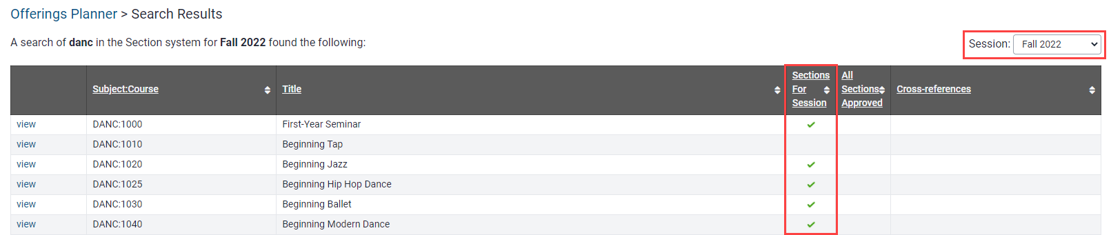 Session column highlighted to show course sections which have replicated