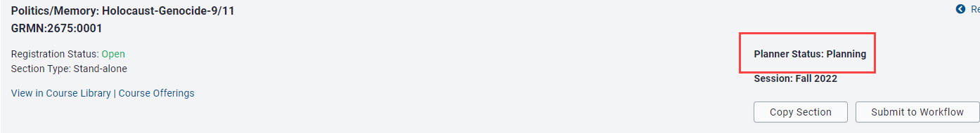 Planner Status displayed at the top of the course offering summary page