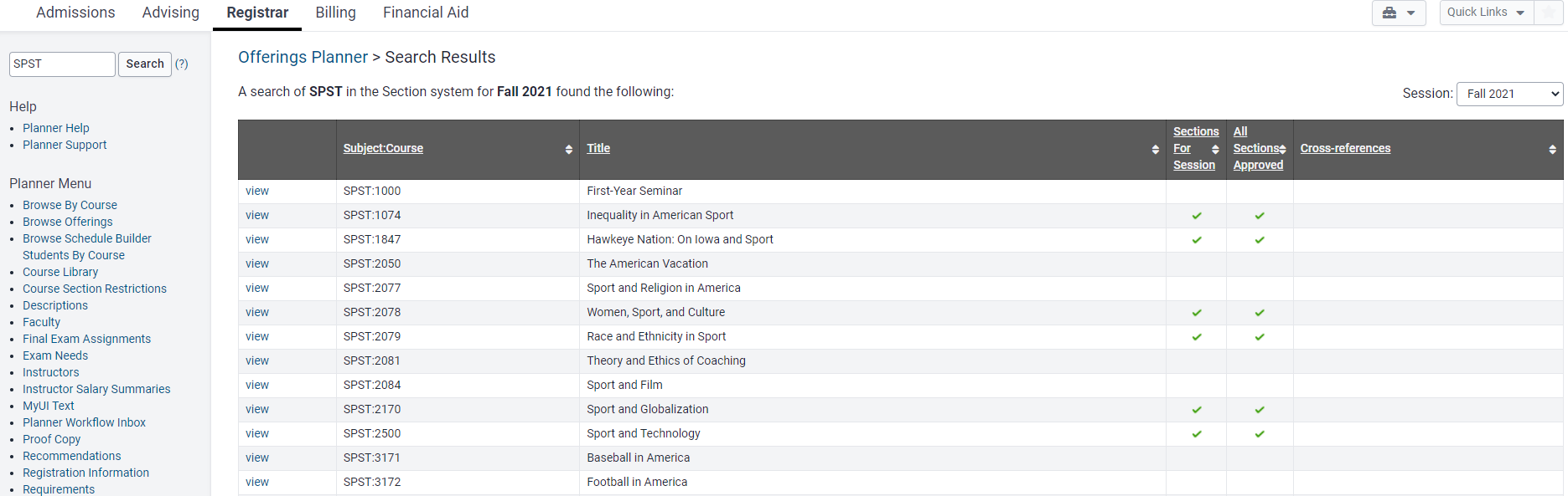 Partial course list view after searching by the course subject