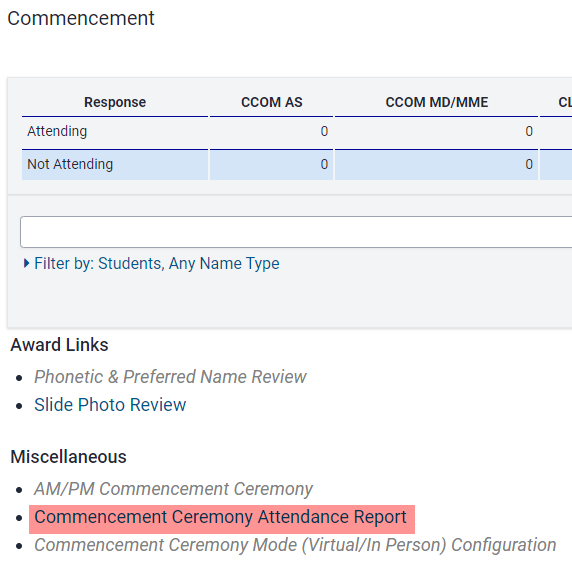Commencement attendance report link on the commencement dashboard in MAUI