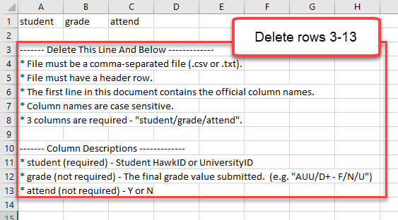 Box around rows 3-13 on Excel file with text "Delete rows 3-13"