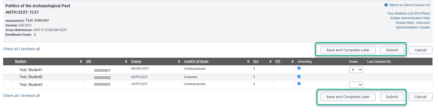 Image of Midterm "Save and Complete Later" and "Submit" buttons