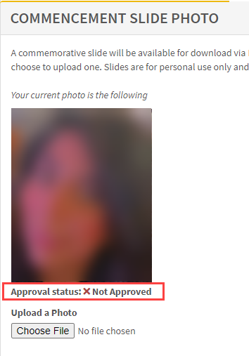 Photo not approved" message under the student's uploaded photo in MyUI