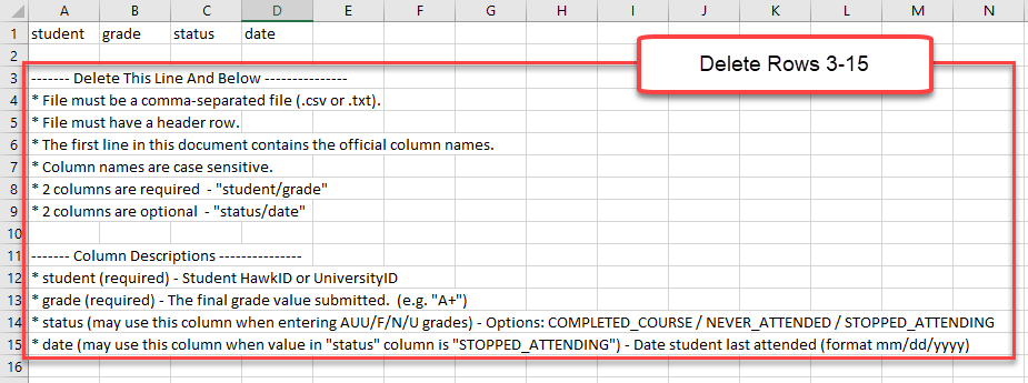 Image of Final Grade Sample file with box around rows 3-15 with text "delete rows 3-15"