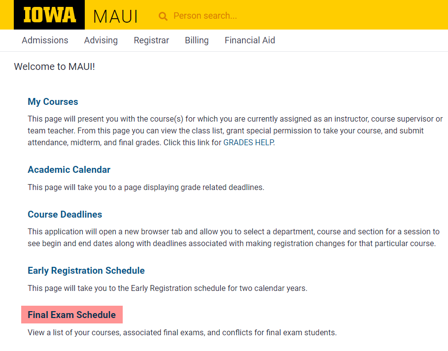 image shows the final exam schedule link on the home page in MAUI
