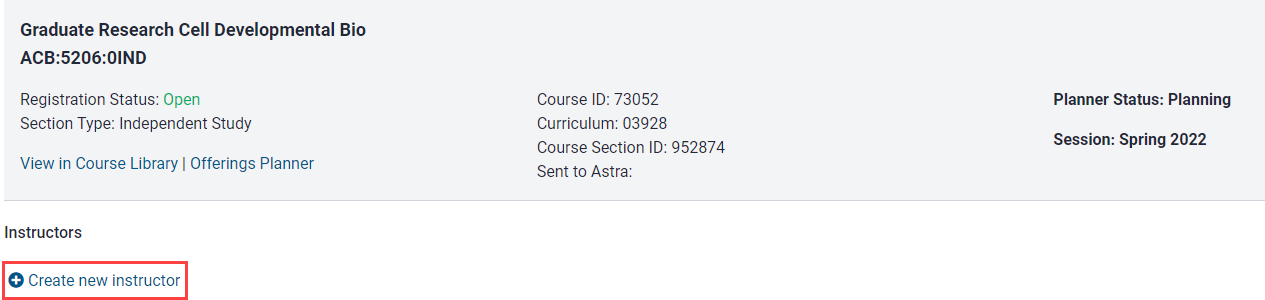 Image shows create new instructor button on instructor assignment panel