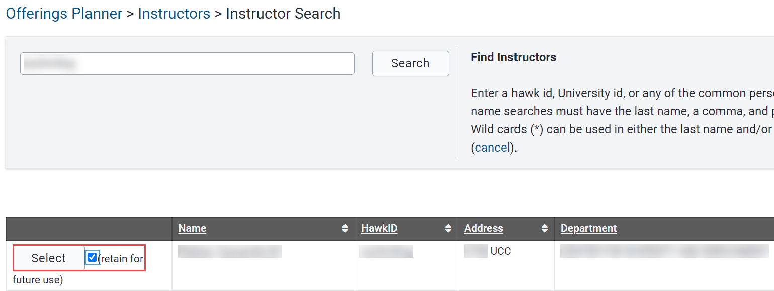 image shows "select" link to choose the individual to assign as an instructor