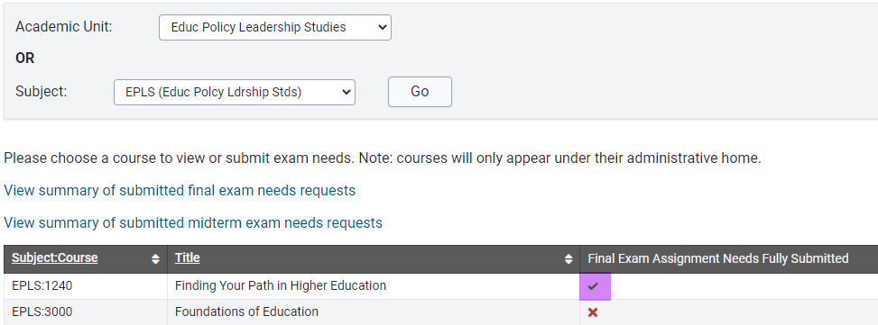 image shows green check mark next to course with exam needs entered