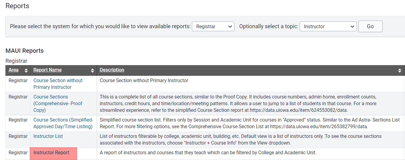 image shows Instructor Report link on report returns screen
