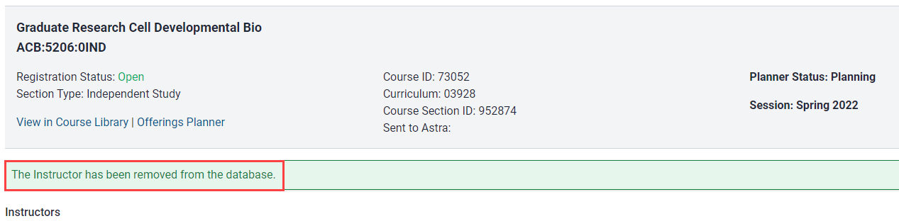 green bar with confirmation message that instructor has been removed