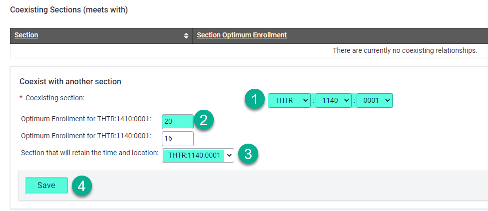 Image shows 4 steps to create co-exist: choose section to co-exist with, set the optimum enrollment, choose which section retains time/location, click "save"