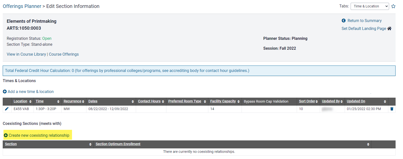 Link to time/location area on section summary page