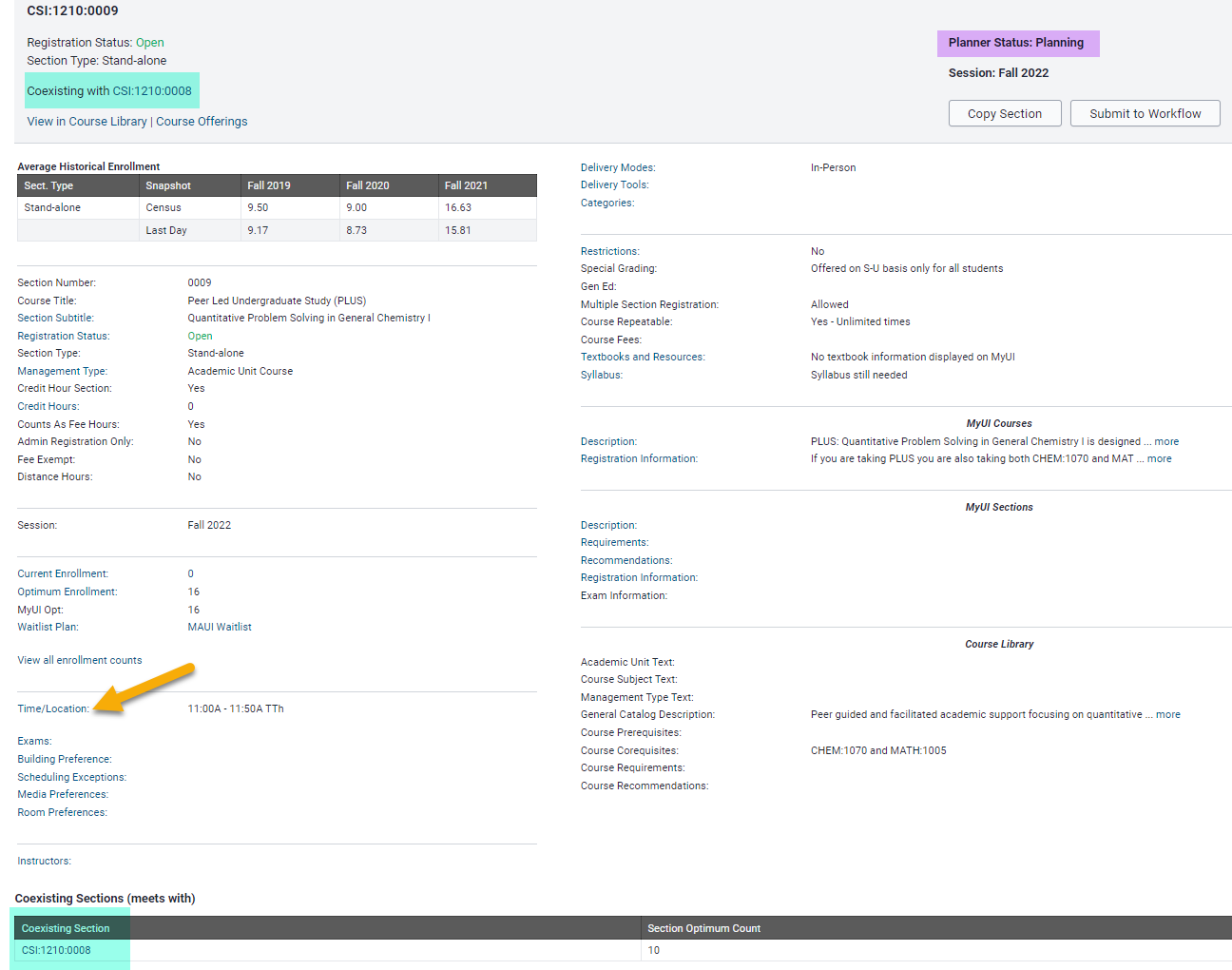 Image shows a section in Planning status with the time/location link highlighted