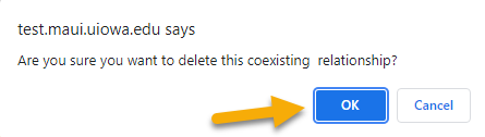 Image shows pop up warning about deleting the co-existing relationship, user must click "yes"