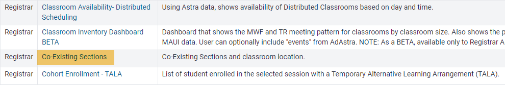 Location of the coexisting sections report in the list of MAUI reports