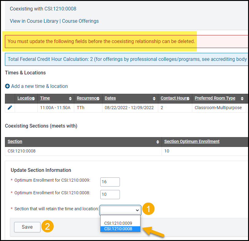 user must choose which section will retain the time/location, then click "save"