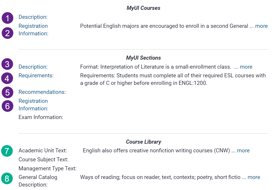 Image shows the six fields administrators can update in MAUI to provide course information in MyUI.