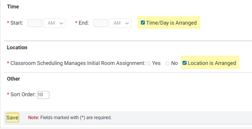 Arranged time and arranged location selected on time/location panel in a course section