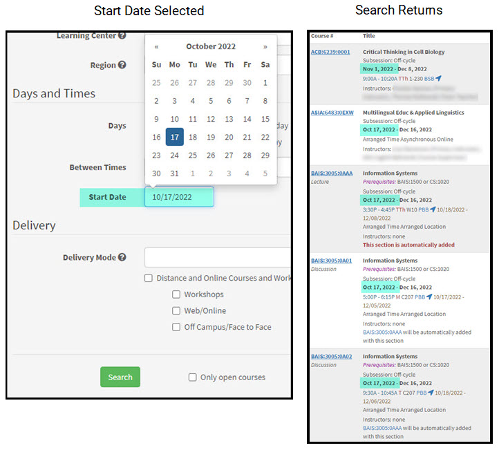 Date selection calendar and results of search for courses beginning October 17 or after