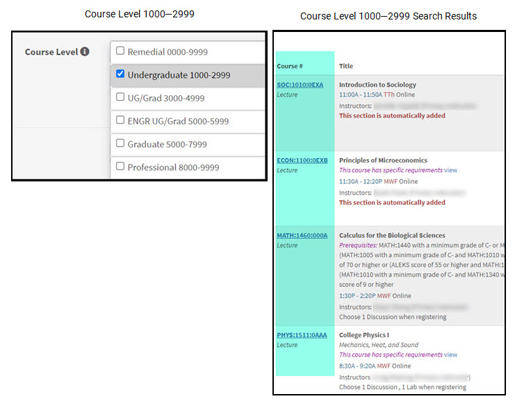 Course level 1000 - 2999 selected and partial search returns in MyUI of courses within that range.