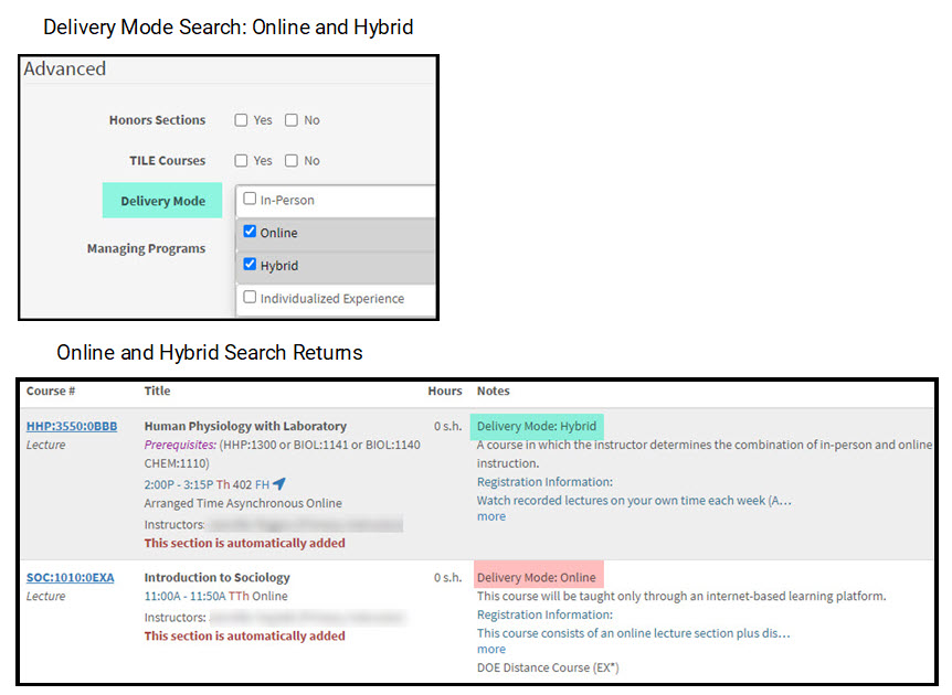 Online and hybrid delivery modes chosen and search results showing online and hybrid sections
