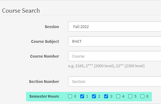 Check boxes with 0, 1, 2, 3, 4, 5 and 6 credit hour options for course browse