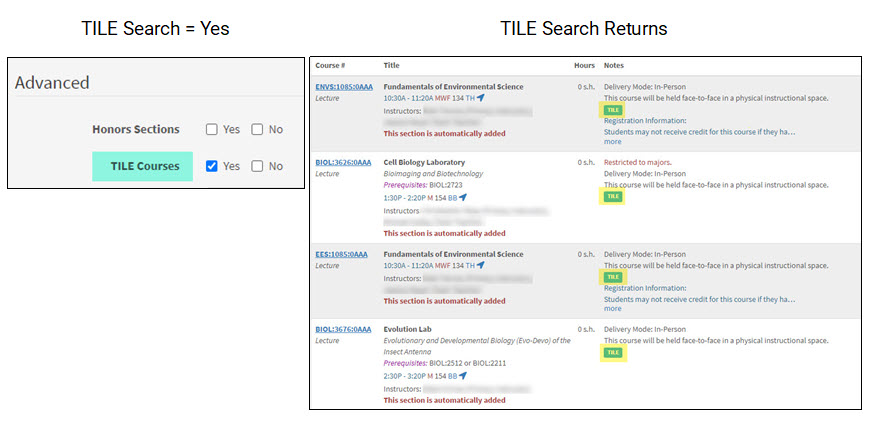 TILE search toggle Yes with MyUI search returns showing only TILE course sections