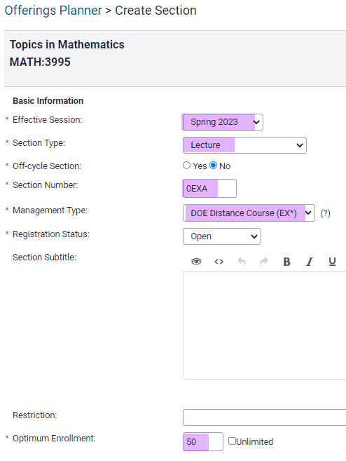 Section creation screen where section number, management type and optimum enrollment are entered
