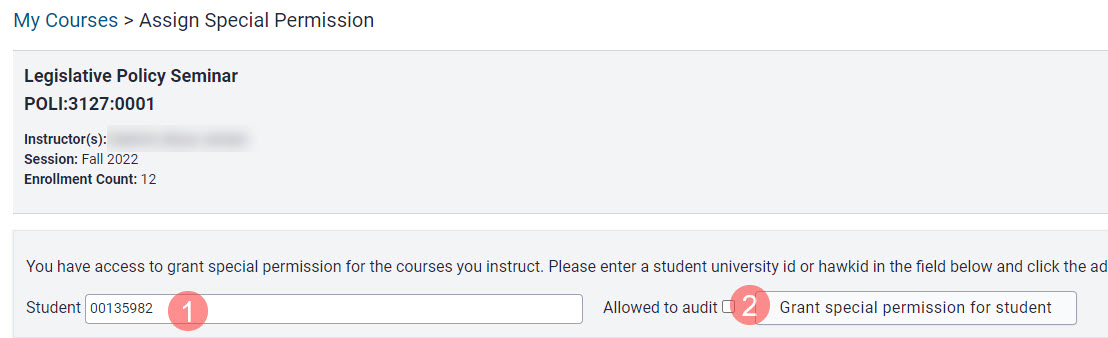 Field to enter UID or HawkID and "grant special permission for student" button