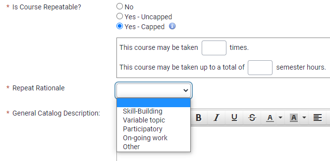 Snip of Create Course form showing Is Course Repeatable selection of Yes-Capped