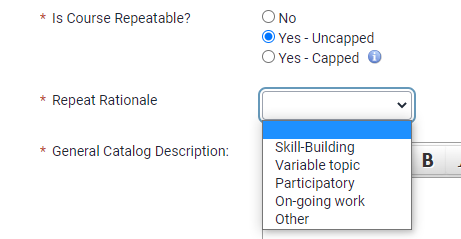 Snip of Create Course form showing Is Course Repeatable selection of Yes-Uncapped
