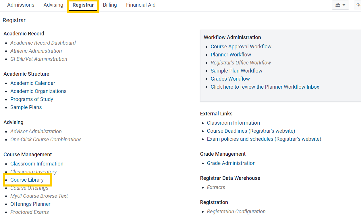Screenshot highlighting the Registrar tab and Course Library link in MAUI