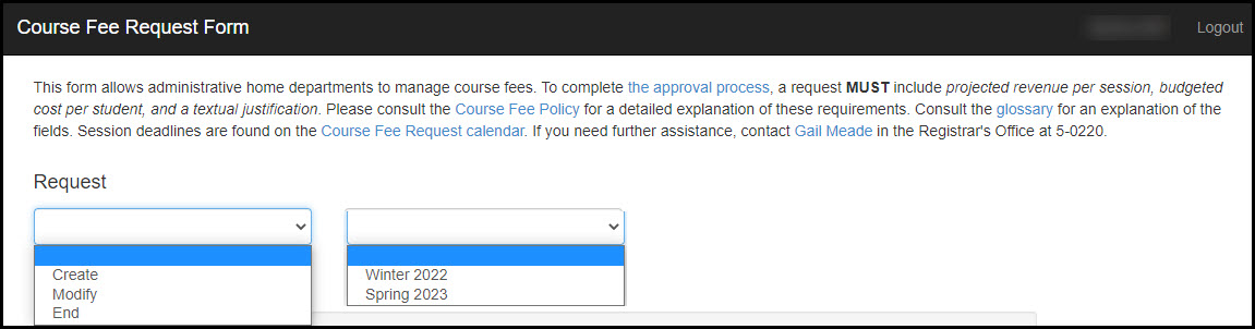 Request area of course fee workflow form. 