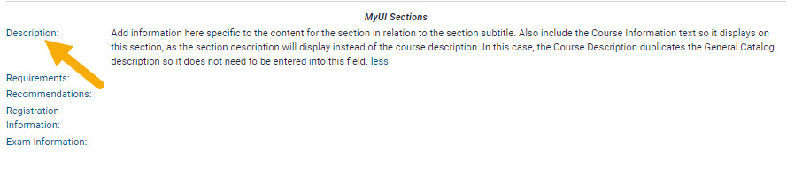 Description link beneath the MyUI Sections header in a course section.