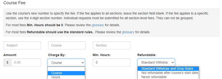 Course fee fields on course fee request form