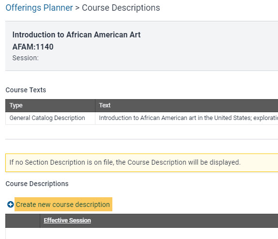 "Create new course description" link within Course Descriptions panel